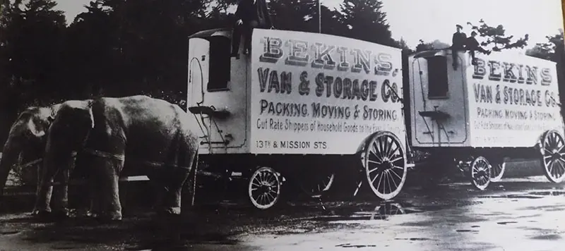 Vintage Photo in Bekins History showcasing an elephant drawn carriage