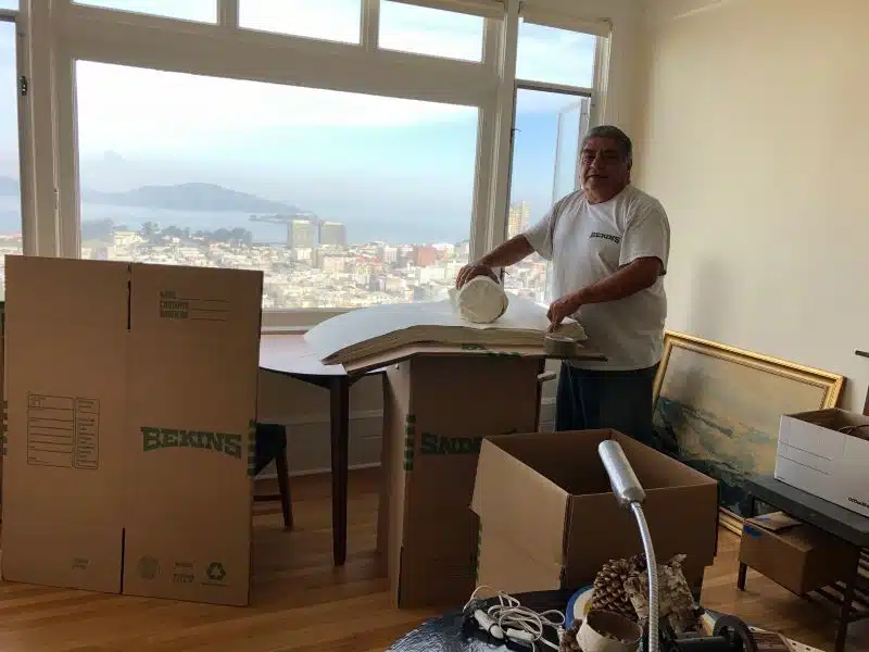 A person is surrounded by new boxes and is carefully wrapping decorative items in packing paper.