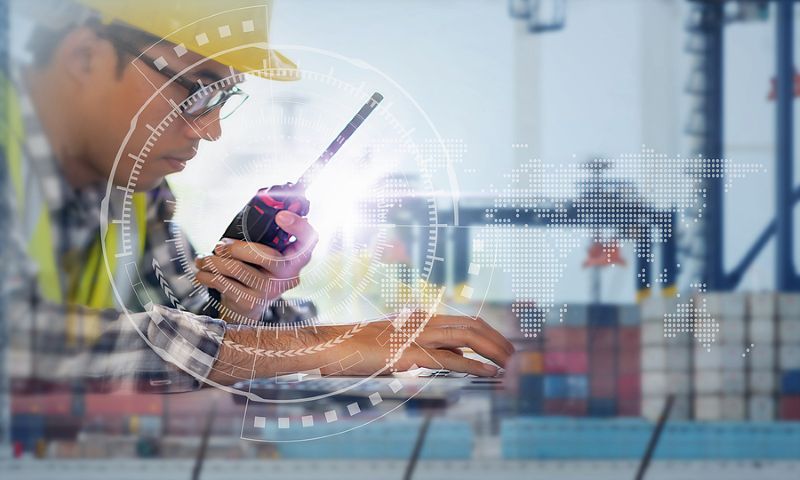 Foreman Working with Global business connection technology interface global partner connection of Container Cargo freight ship for Logistic Import Export background, internet of things,Business Logist
