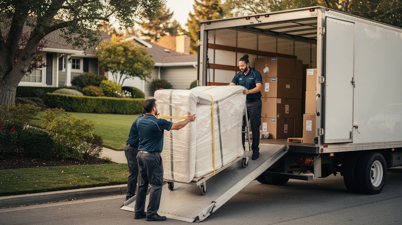 professional movers unloading a wrapped piece of furniture and boxes from a moving truck outside a residential home.